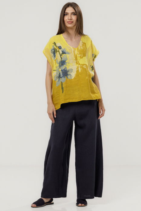 Bluza din in oversize cu funda la spate si imprimeu floral stilizat pastel, pe fond galben [4]