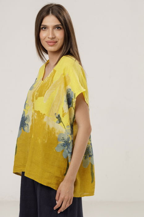 Bluza din in oversize cu funda la spate si imprimeu floral stilizat pastel, pe fond galben [2]