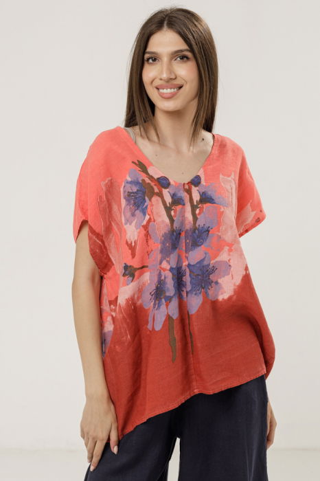 Bluza din in oversize cu funda la spate si imprimeu floral stilizat pastel, pe fond corai