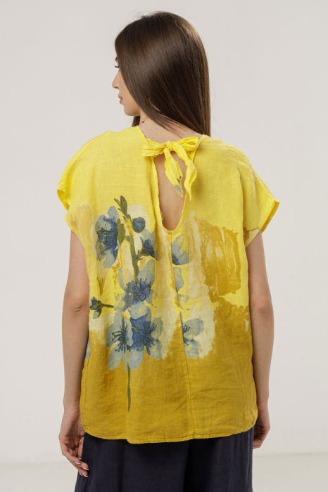 Bluza din in oversize cu funda la spate si imprimeu floral stilizat pastel, pe fond galben [3]