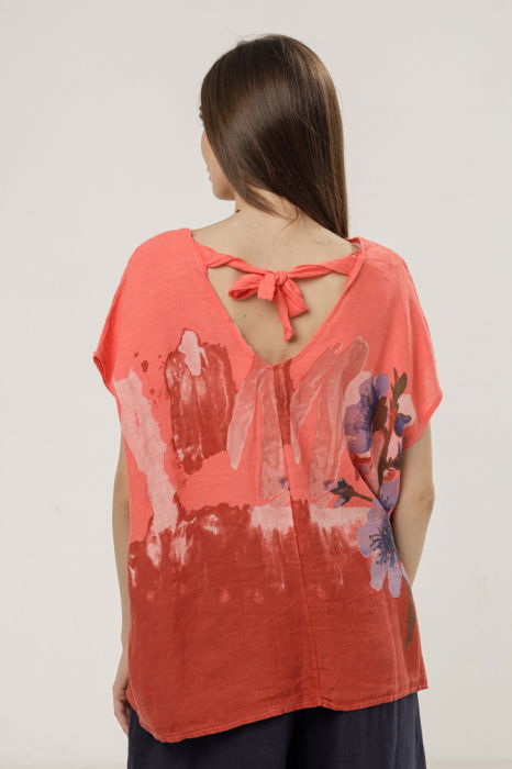 Bluza din in oversize cu funda la spate si imprimeu floral stilizat pastel, pe fond corai [3]