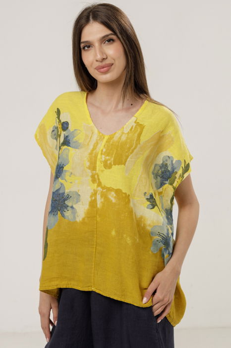 Bluza din in oversize cu funda la spate si imprimeu floral stilizat pastel, pe fond galben