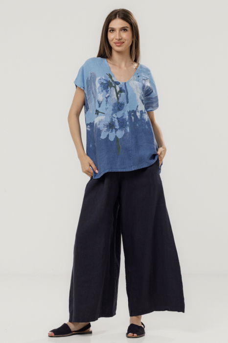 Bluza din in oversize cu funda la spate si imprimeu floral stilizat pastel, pe fond albastru [3]