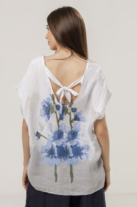 Bluza din in oversize cu funda la spate si imprimeu floral stilizat pastel, pe fond alb [5]