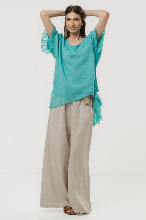 Bluza din in oversize cu funda la spate si volan din matase, turcoaz [2]