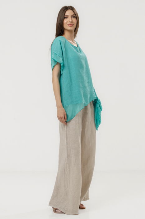 Bluza din in oversize cu funda la spate si volan din matase, turcoaz [5]