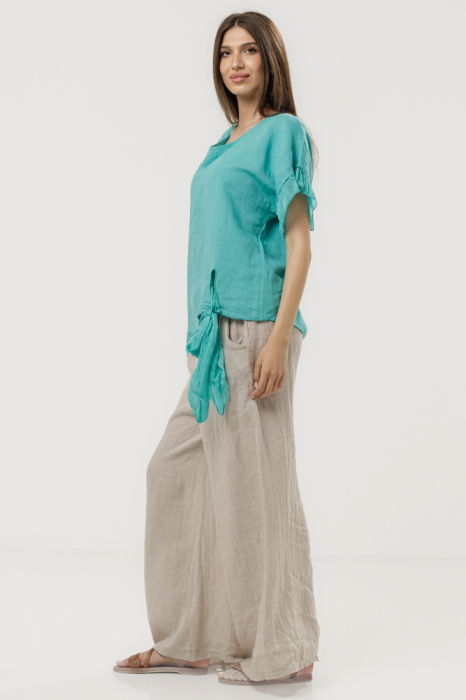 Bluza din in oversize cu funda la spate si volan din matase, turcoaz [4]