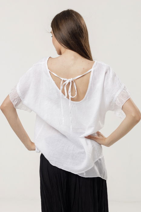 Bluza din in oversize cu funda la spate si volan din matase, alba [3]