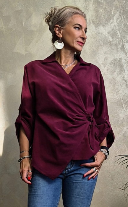 Bluza petrecuta din catifea reiata de bumbac cu drapaj lateral, bordo