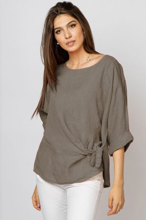 Bluza din in bej inchis, masura mare cu nod pe talie [2]