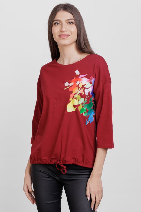 Tricou cu maneca 3/4 din tricot de bumbac cu snur la baza, bordo cu imprimeu floare stilizata [1]
