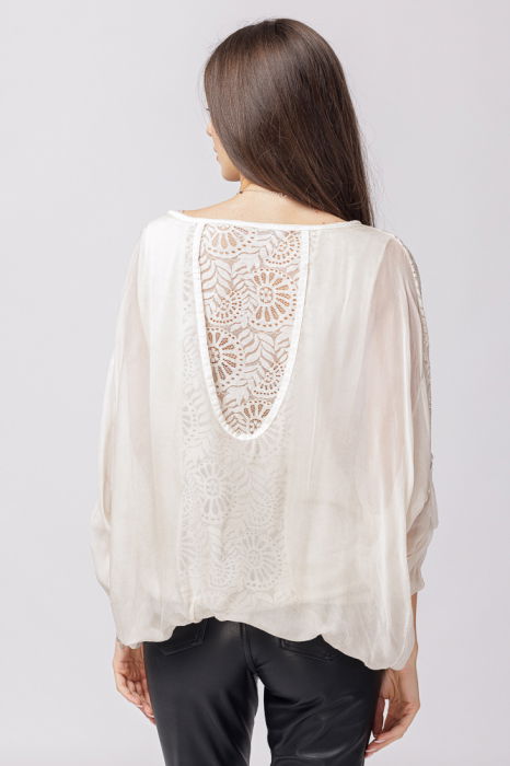 Bluza din matase si vascoza bleumarin brodata si dantela pe spate [6]