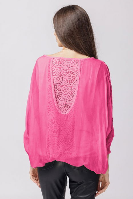 Bluza din matase si vascoza fucsia brodata si dantela pe spate [2]