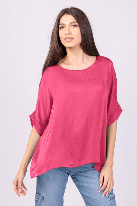 Bluza din matase si vascoza fucsia, cu funda pe spate