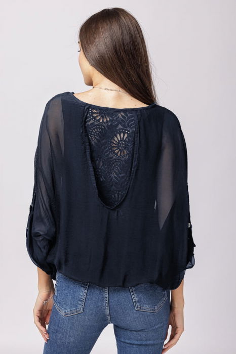 Bluza din matase si vascoza bleumarin brodata si dantela pe spate [3]