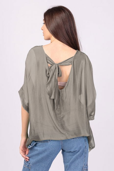 Bluza din matase si vascoza bej inchis, cu funda pe spate [3]