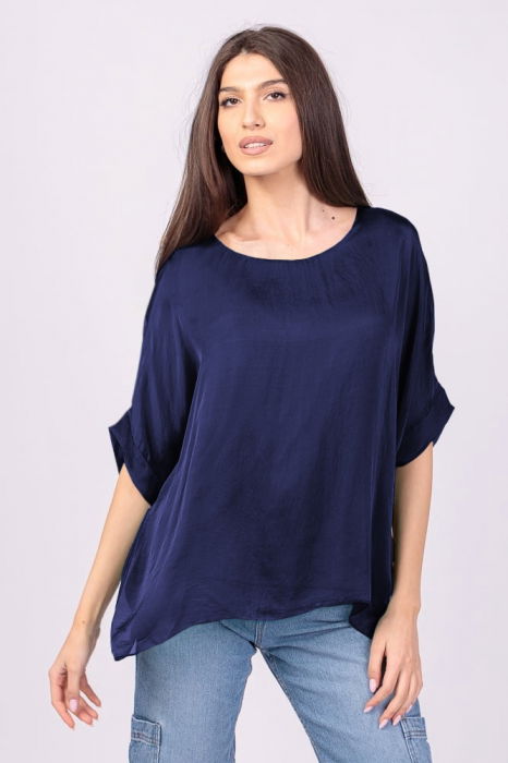 Bluza din matase si vascoza bleumarin, cu funda pe spate