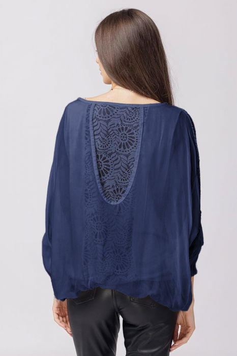 Bluza din matase si vascoza bleumarin brodata si dantela pe spate [2]