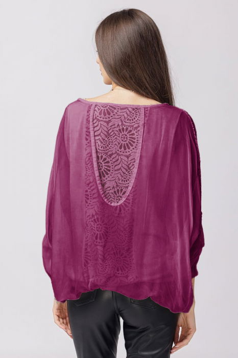Bluza din matase si vascoza magenta brodata si dantela pe spate si nasturei [2]