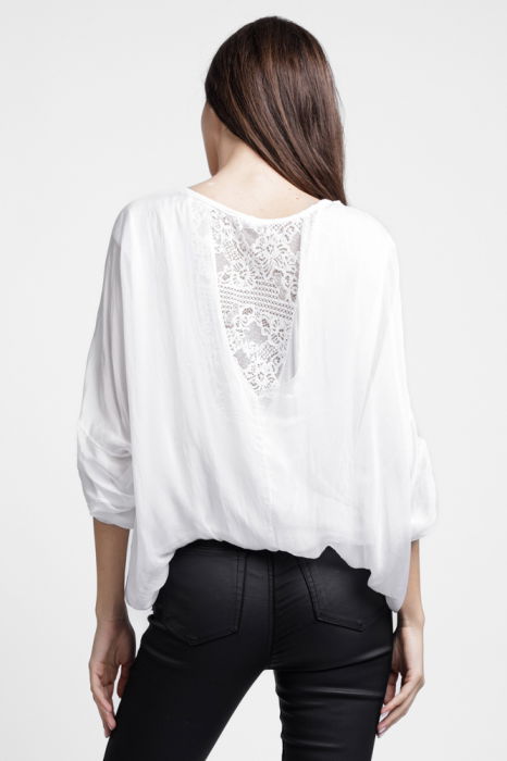 Bluza din matase si vascoza platca brodata, cu paiete fine si cu dantela pe spate, alba [3]