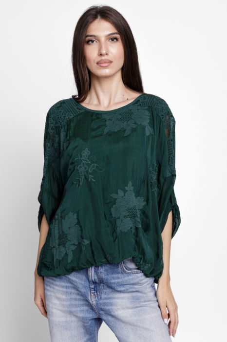 Bluza din matase si vascoza brodata, cu dantela pe spate, verde inchis