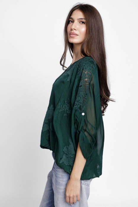 Bluza din matase si vascoza brodata, cu dantela pe spate, verde inchis [2]