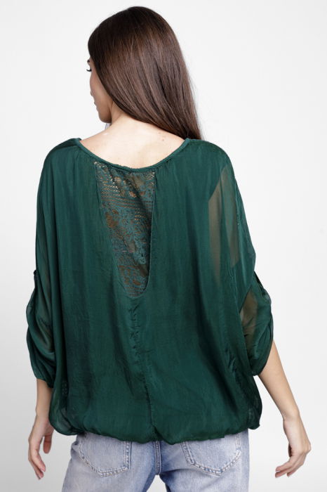 Bluza din matase si vascoza brodata, cu dantela pe spate, verde inchis [3]