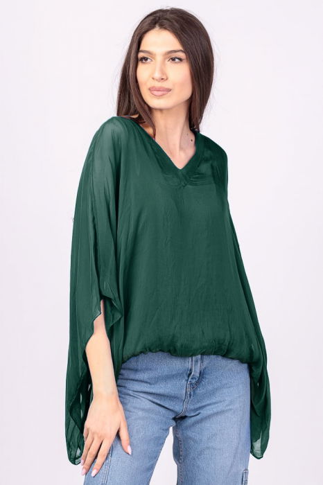 Bluza din matase si vascoza verde inchis, cu decolteu in V in fata si pe spate