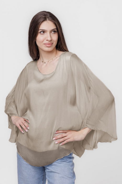 Bluza din matase si vascoza cu maneca clopot, bej inchis [2]