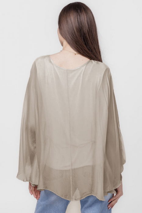 Bluza din matase si vascoza cu maneca clopot, bej inchis [3]