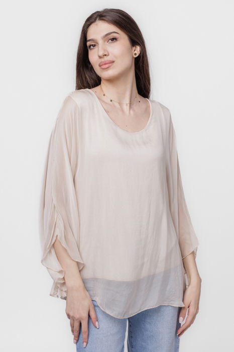 Bluza din matase si vascoza cu maneca clopot, bej [2]