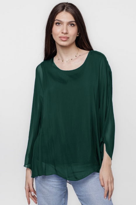 Bluza din matase si vascoza cu maneca clopot, verde inchis