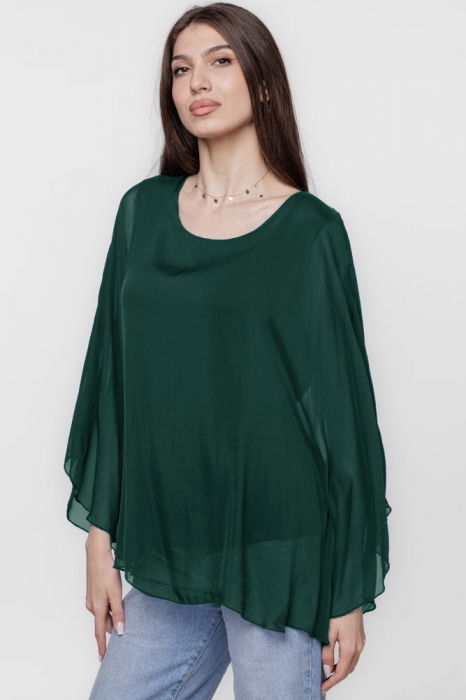 Bluza din matase si vascoza cu maneca clopot, verde inchis [2]
