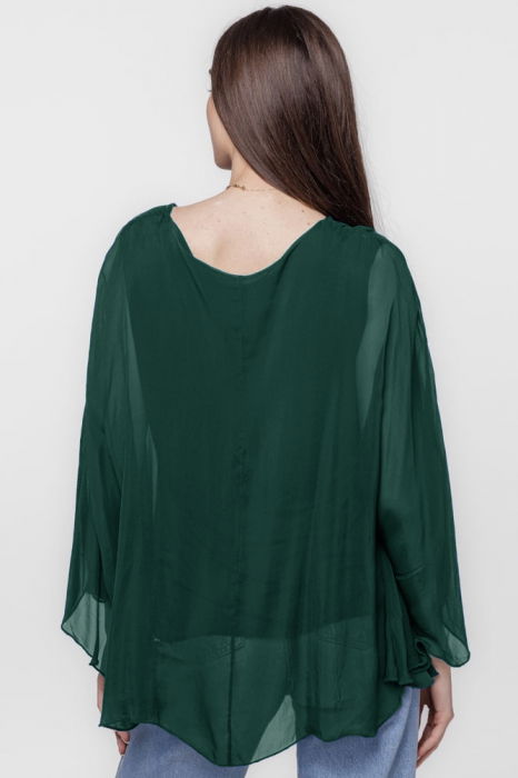Bluza din matase si vascoza cu maneca clopot, verde inchis [3]