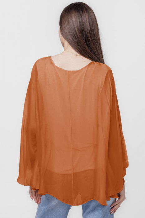 Bluza din matase si vascoza cu maneca evazata si dublura, caramiziu [3]