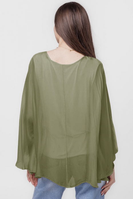 Bluza din matase si vascoza cu maneca evazata si dublura, kaki [3]