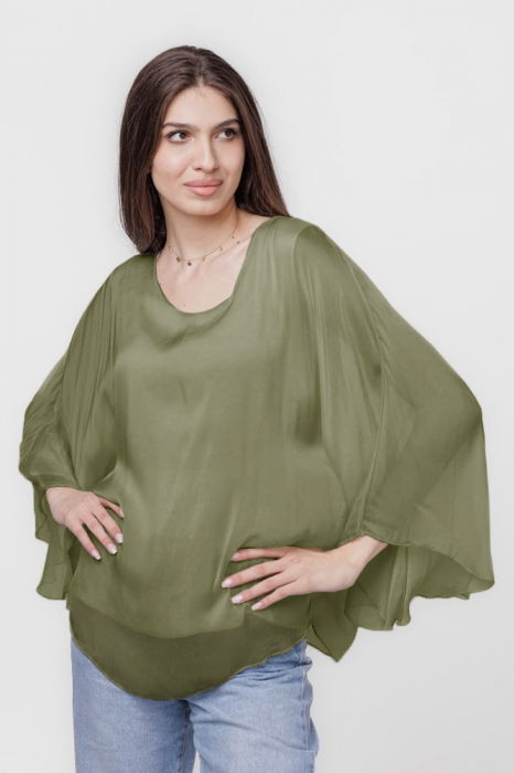 Bluza din matase si vascoza cu maneca evazata si dublura, kaki [2]