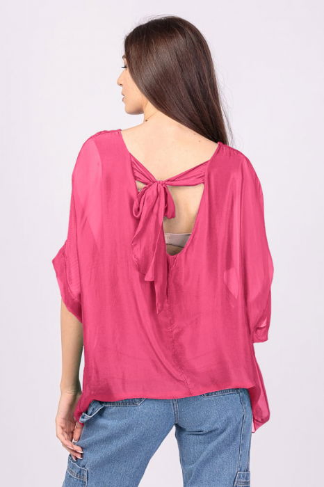 Bluza din matase si vascoza fucsia, cu funda pe spate [3]
