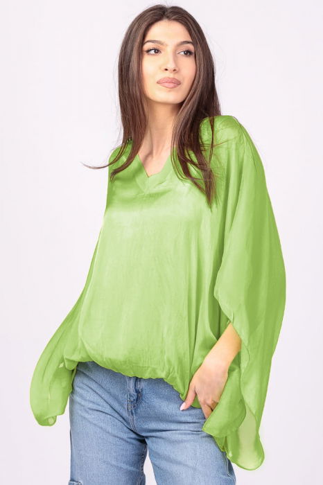 Bluza din matase si vascoza verde lime, cu decolteu in V in fata si pe spate