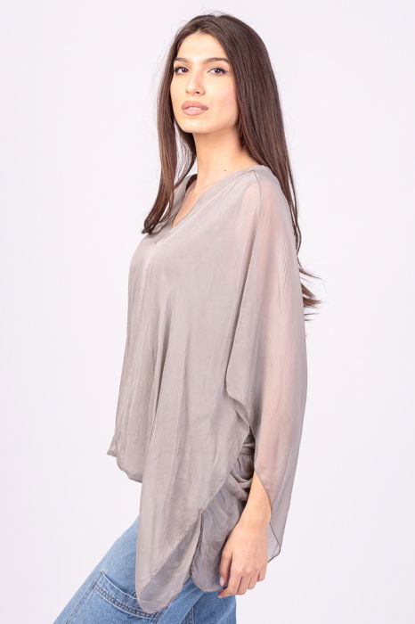 Bluza din matase si vascoza gri-bej inchis, cu decolteu in V in fata si pe spate [2]