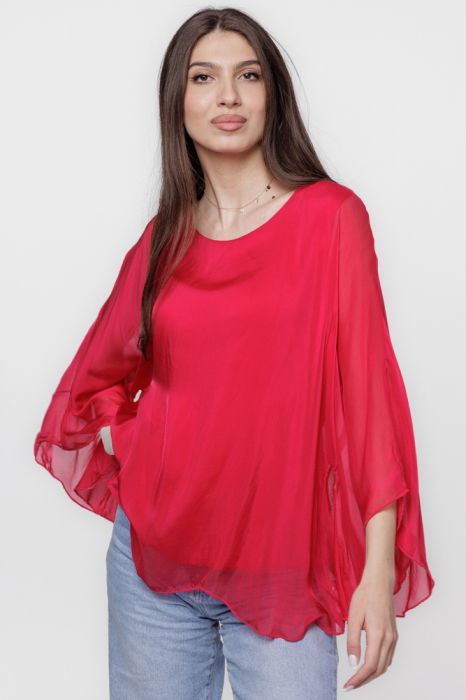Bluza din matase si vascoza cu maneca clopot, fucsia inchis [2]
