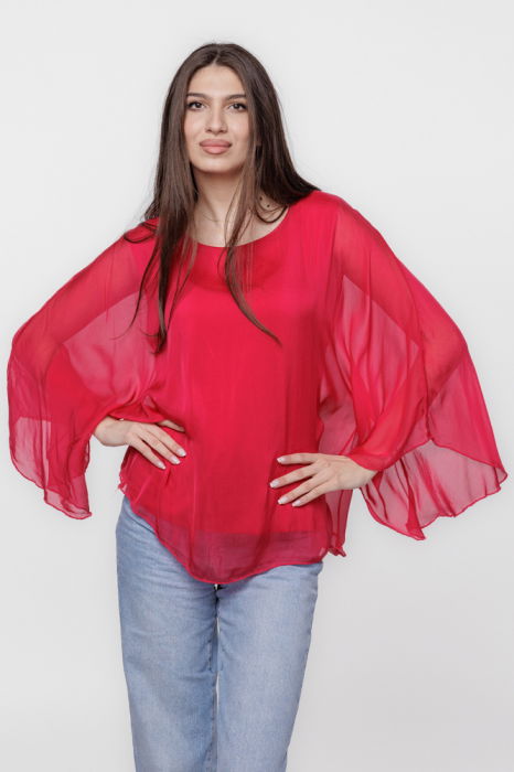 Bluza din matase si vascoza cu maneca clopot, fucsia inchis [3]