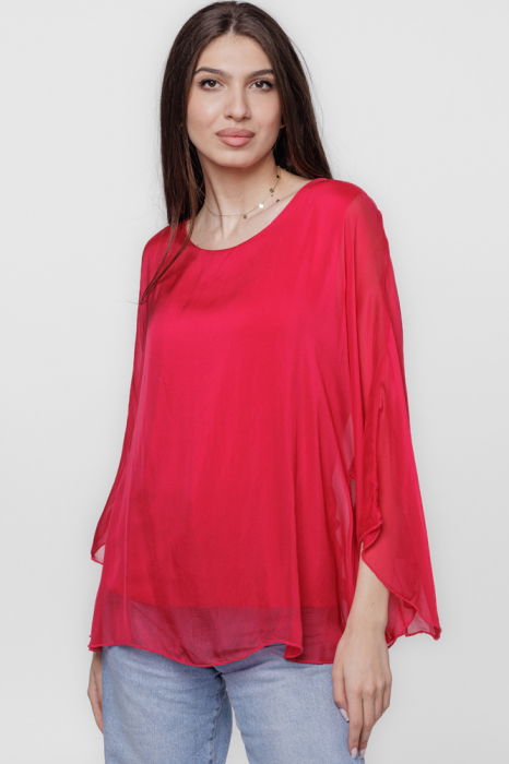 Bluza din matase si vascoza cu maneca clopot, fucsia inchis