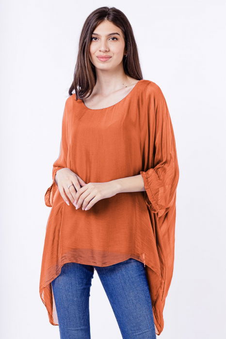 Bluza din matase si vascoza in colturi, caramizie