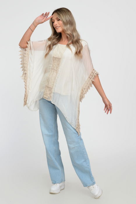 Bluza boho bej, din matase si vascoza, in colturi, cu insertie de broderie si tivita cu dantela macrame [6]