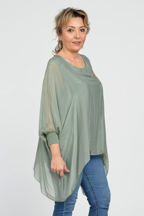 Bluza din matase si vascoza in colturi cu broderie cu paiete aurii mate, kaki [2]