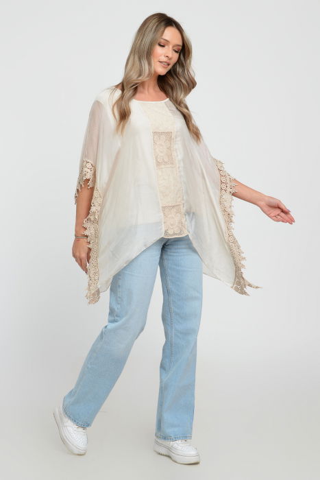 Bluza boho bej, din matase si vascoza, in colturi, cu insertie de broderie si tivita cu dantela macrame [5]