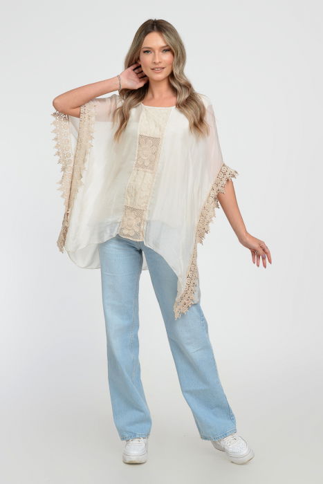 Bluza boho bej, din matase si vascoza, in colturi, cu insertie de broderie si tivita cu dantela macrame [4]