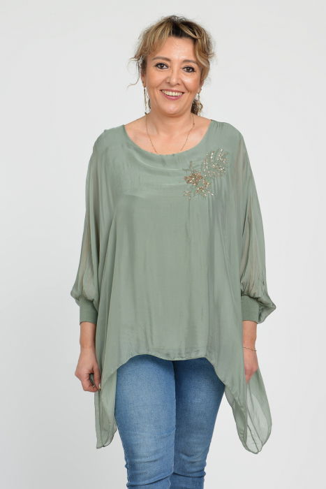 Bluza din matase si vascoza in colturi cu broderie cu paiete aurii mate, kaki