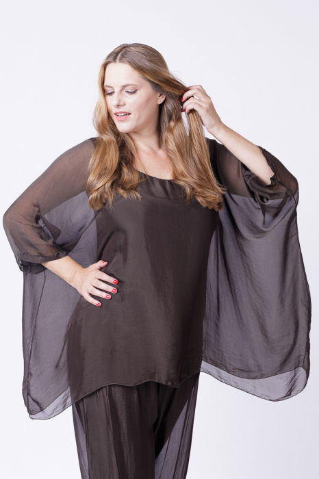 Bluza din matase si vascoza in colturi, maro inchis [2]
